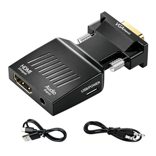 Convertidor VGA a HDMI con Audio, Adaptador VGA Macho a HDMI Hembra 1080P, PC Antiguas Portátiles Monitores Proyectores HDTV, Incluye Cable de Audio 3,5mm y Micro USB para Alimentación, Plug and Play