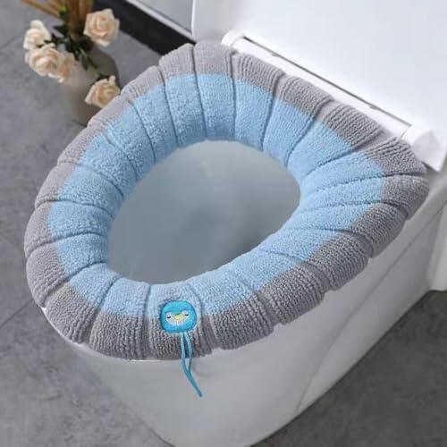 Funda de asiento de inodoro suave y lavable, asiento de baño de poliéster elástico para calidez de invierno, apto para inodoros en forma de U V, protector de tapa reutilizable lavable a máquina (azul