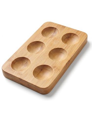 Huevera de Madera de Bambú (6 Huevos) – Bandeja Organizadora Rectangular para Nevera y Encimera – Soporte de Diseño Plano para Servir Huevos Rellenos, Crudos y Cocidos – Estilo Rústico Moderno