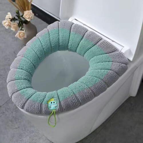 Funda de asiento de inodoro suave y lavable, asiento de baño de poliéster elástico para calidez de invierno, apto para inodoros en forma de U V, protector de tapa reutilizable lavable a máquina (verde