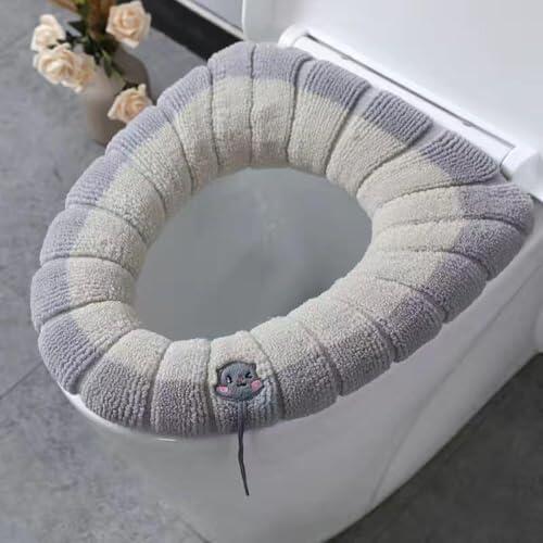 Funda de asiento de inodoro suave y lavable, asiento de baño de poliéster elástico para calidez de invierno, apto para inodoros en forma de U V, protector de tapa reutilizable lavable a máquina (beige