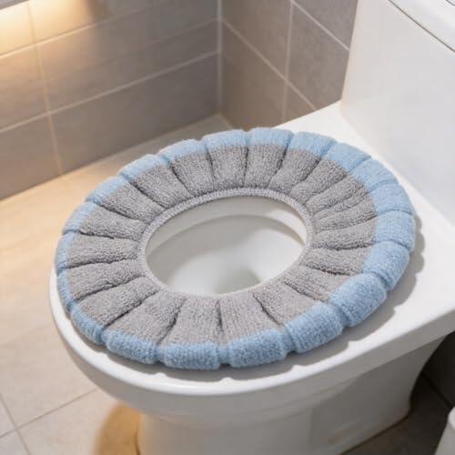 Funda de asiento de inodoro suave y lavable, asiento de baño de poliéster elástico para calidez de invierno, apto para inodoros en forma de U V, protector de tapa reutilizable lavable a máquina (azul