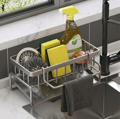 BYM Organizador de Fregadero de Cocina Acero Inoxidable 304, 23x9x10 cm con Bandeja de Drenaje Autodrenante, Soporte para Esponja, Cepillos y Paños, Accesorio Premium para Cocina y Baño