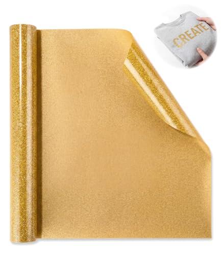 Gyxova Vinilo Textil Dorado 5 Ft Glitter Vinilo Textil Oro Hojas de Vinilo Termoadhesivas PU Vinilo Textil Termoadhesivo Oro 30,5 × 152 cm para DIY Camisetas Bolso Gorros Ropa