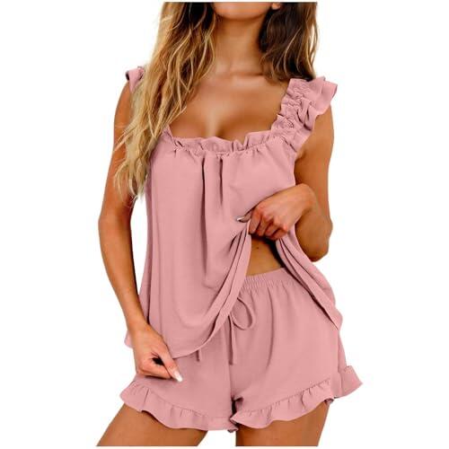 Conjunto de pijama para mujer, sin mangas, de algodón, sin mangas, con pantalones cortos, ropa de dormir cómoda, holgada, ropa de dormir informal de verano, Z03-rosa intenso, XL