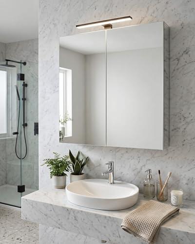 Ginhow Armario con espejo para baño con iluminación, 60 cm de ancho, armario de baño con espejo y lámpara LED, armario colgante blanco brillante con espacio de almacenamiento y estantes ajustables, 60