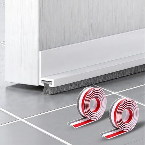 2M Blanco Burlete Puerta Entrada-5cm, Aislante Puertas de Entrada Autoadhesivo con Tira de Cepillo, Vajo Puertas para el Frio Entrada Recortable, Aislamiento Térmico y contra el Frío （Blanco）