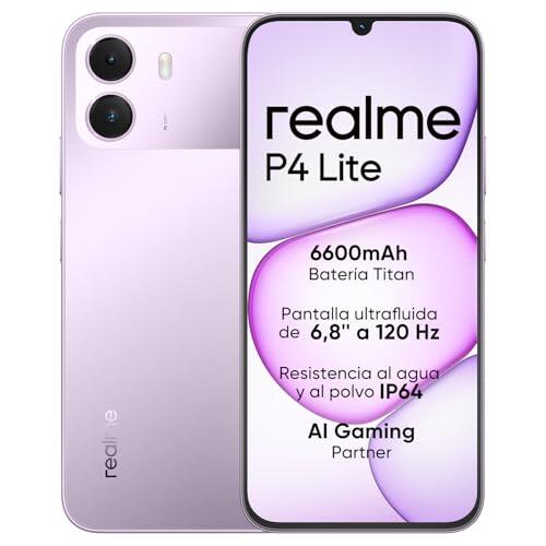 Smartphone realme P4 Lite 4G, 4GB+256GB, Pantalla LCD HD 120Hz 6,8", Batería Titan 6600mAh, Carga 15W, Carga inversa 6W, IP64 Antipolvo e Impermeable, Sistema Next IA, Púlsar Morado (Sin Cargador)