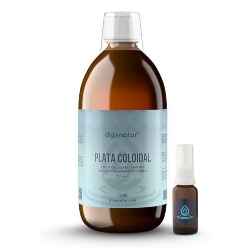 Plata Coloidal 1 L - 20 ppm - 99,99% Pureza - Solución Líquida con Agua Bidestilada - Botella Vidrio Ámbar con Spray y Vasito Medidor