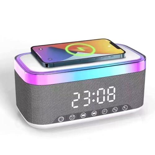 Radio despertador Bluetooth con carga inalámbrica de 15 W, despertador de radio digital, despertador de audio Bluetooth digital, despertador conectado con luz nocturna de 6 colores, doble alarma para