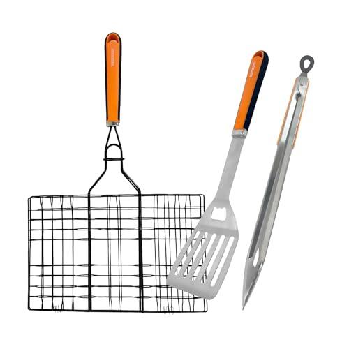 Fackelmann Set Accesorios Barbacoa, incluye Parrilla de Carne, Espátula y Pinzas de Acero Inoxidable, Mango de Tacto Suave, Protección frente al Calor