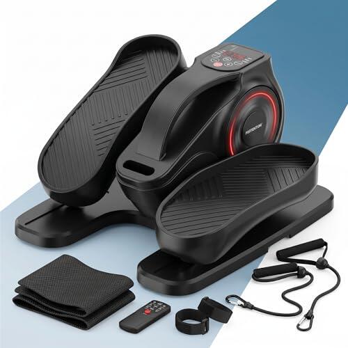 PORTENTUM Mini eliptica electrica con Bandas de Resistencia – Esterilla y cinchas – Pedales estaticos Personas Mayores automático y Manual con 12 velocidades – Pedaleador electrico Motor silencioso