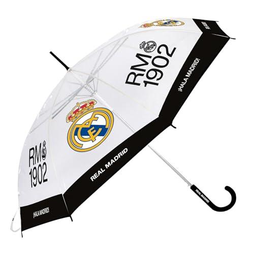 ARDITEX PARAGUAS REAL MADRID CF DE EVA TRANSPARENTE, 8 PANELES, DIÁMETRO 95CM, APERTURA AUTOMÁTICA, REGALO IDEAL