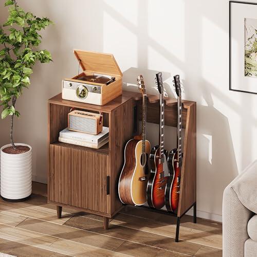 TinFrey Mueble para Tocadiscos y Vinilos de Madera, Armario para Tocadiscos y Vinilos, Mueble Hi-Fi Vintage Mid-Century con Soporte para 3 Guitarras, Estantería Guarda Discos para Salón y Dormitorio