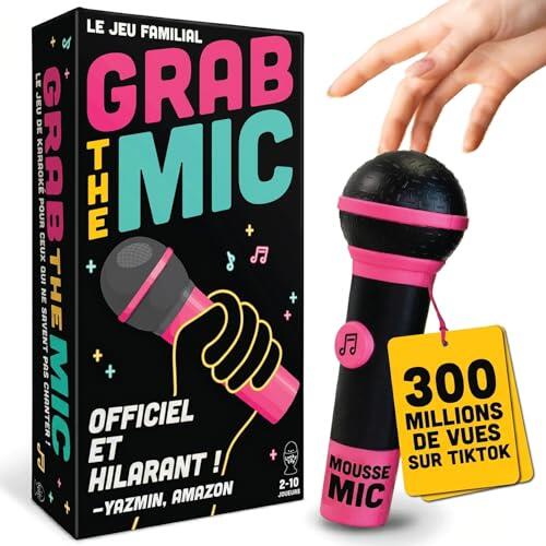 Grab The Mic - Juego de mesa de karaoke familiar con micrófono de espuma de 8 años - 2 a 10 jugadores - Juegos para los malos cantantes con 240 letras - 120 cartas - Primera edición