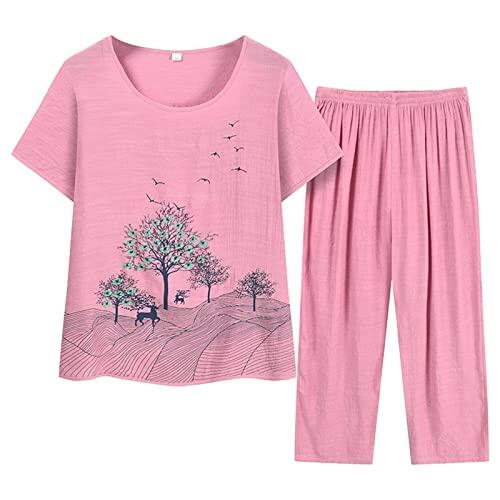 Generisch Moda de dos piezas para mujer con manga corta, cuello de verano, mezcla de algodón y lino transpirable para una elegancia informal cómoda en diferentes ocasiones, Rosa., XXL
