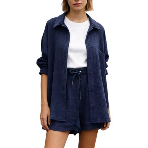 Generisch Conjunto de ocio para mujer con camisa de manga larga, pantalones cortos altos, elegante, monocolor, ropa de moda para primavera, marine, L