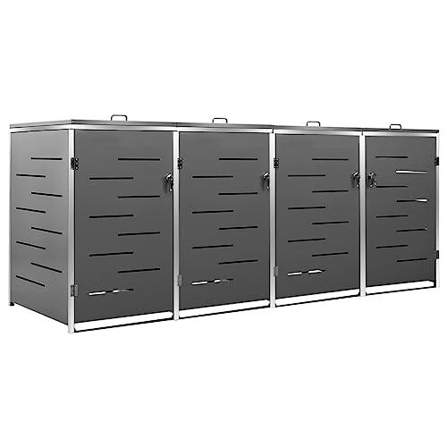 Teenpull Caja para contenedores de basura de acero inoxidable y acero galvanizado, 276,5 x 77,5 x 115,5 cm, con cerradura, inoxidable, para 4 cubos de basura, con práctica tapa y muelles, ideal para