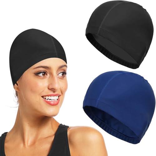 2 Piezas Gorras de natación,Gorros Elásticos de Natación,Unisex Gorro de Natación,para Pelo Largo y Corto Gorros de Piscina(Negra+ Azul Real)