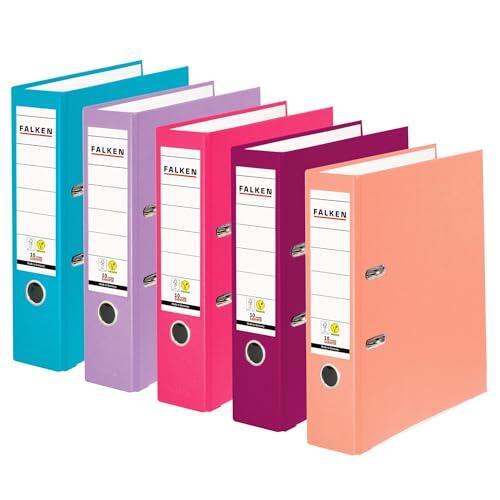 Falken Pack de 5 Archivadores PP-Color, Fabricado en Alemania, 8 cm, DIN A4, surtido en colores pastel, cubierta exterior de plástico, interior de papel, con etiqueta de lomo intercambiable