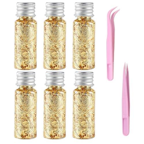BIVYAX 6 Botellas Copos de Lámina de Oro, Hojuelas de Aluminio Decorativo, Hojuelas de Pan de Oro para Manualidades, Papel de Aluminio para Uñas y Manualidades