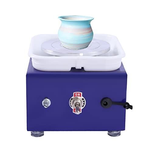 Rueda cerámica eléctrica 2000RPM mini torre cerámica velocidad ajustable, azul con lavabo ABS extraíble y bandeja giratoria 10 cm, máquina torre herramienta de arcilla para cerámica DIY fabricación