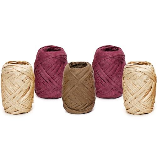 Cinta de papel de rafia, juego de 5 rollos de 20 m cada uno, cinta de regalo, cuerda de papel de rafia, cinta de hilo de papel para decorar, cintas para regalos, decoración, color burdeos