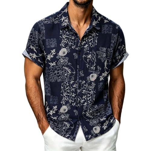 Foweknow Camisa hawaiana para hombre, camisa de verano para hombre, manga corta, con botones, informal, informal, flores, corte regular, camisa hawaiana, verano, vacaciones, playa, fiesta, camiseta