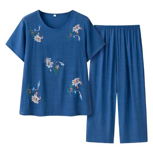 Generisch Traje informal de verano de manga corta de dos piezas con pantalón como cómodo conjunto para mujer, azul, XL
