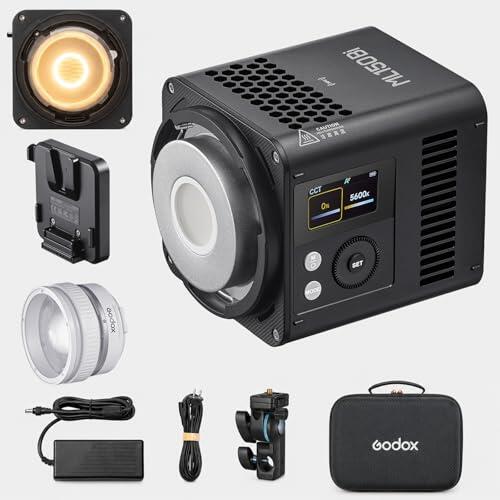 Godox ML150Bi Luz de Vídeo LED Bicolor 150W, 61054 Lux @1m con ML-Z Spot, 2800K-6500K, CRI 96 TLCI 96, DMX/RDM Bluetooth, 11 FX, Montura Godox, para Streaming Fotografía Estudio