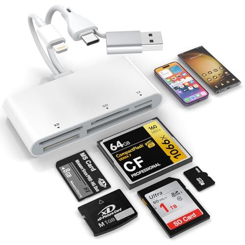 Lector de Tarjetas de Memoria USB OTG 5 en 3, Adaptador USB OTG con Tres Conectores (Lightning, Tipo C y USB A) para SD/TF/CF/Micro SD/XD/MS, Lector de Tarjetas Multi para iPhone/iPad/Android