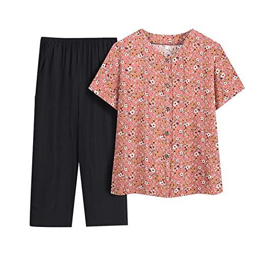 Generisch Elegante traje de mujer de dos piezas con cárdigan de manga corta pantalones anchos de seda de algodón para los días de verano de moda, naranja, XXL