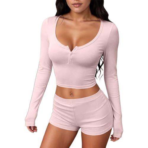Generisch Conjunto deportivo de estilo de niña con camiseta de manga larga pantalones cortos para mujeres activas, Rosa., L