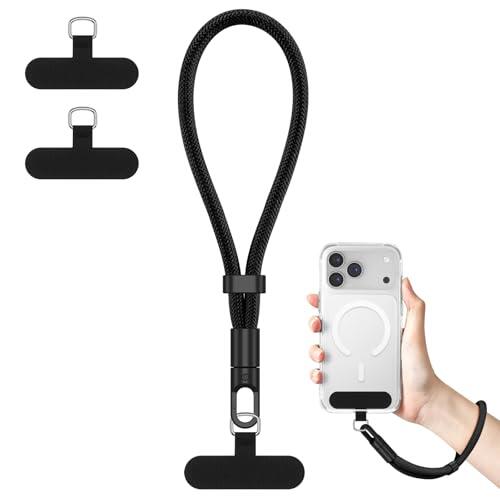 Mugust Cordon para Movil Universal, con 2 Parches Duraderos, Muñequeras de 20cm, Cordón de Muñeca Gruesa y Duradera, Compatible con Mayoría de Las Fundas de Teléfono (Negro)
