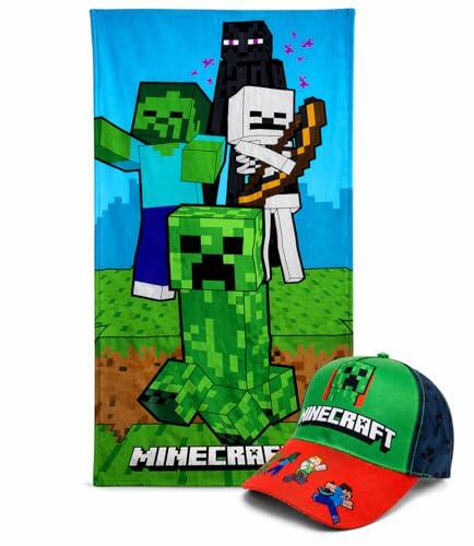 MARUKATSU Pack Infantil Toalla 140x70 cm + Gorra Verano Playa Piscina – Pokémon, Minecraft, Stitch, Dragon Ball, Bluey y Sonic (Minecraft 2)