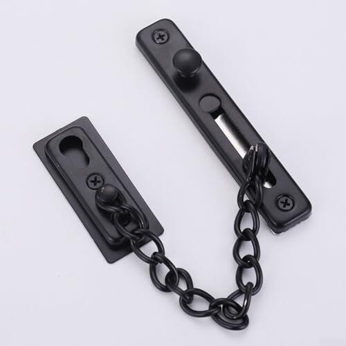Cerradura de cadena de seguridad para puerta sin taladro, perno de acero inoxidable antirrobo con cadena endurecida, restrictor de pestillo de puerta negro para agujero de mirilla e identificador de