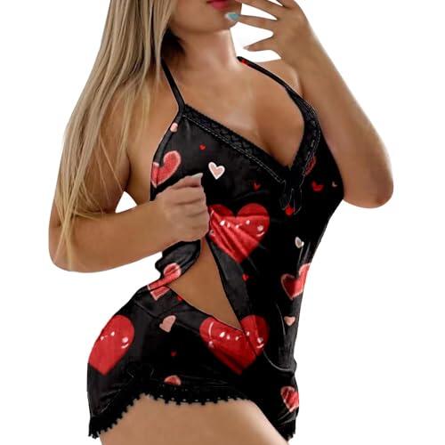 Generisch Conjunto de dos piezas para mujer, ribete de encaje con camisola sin espalda, pantalones calientes impresos como seductora ropa de dormir lencería, Negro , XXL