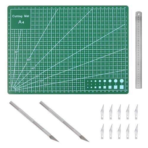 CHENYU 14 Pcs Tapete de Corte A4 Autorreparable con Regla de Acero 30 cm, 2 Bisturí de Dos Caras, 10 Cuchillas de Repuesto, Alfombrilla de Corte PVC para Manualidades, Coser, Scrapbooking y Estarcido