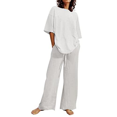 Generisch Conjunto de dos piezas para mujer de moda con cuello redondo y pantalones casuales para un atuendo diario elegante, Blanco, M