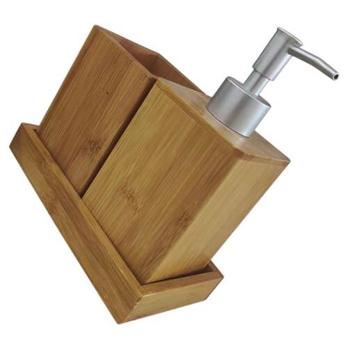 Veemoon Set de Baño de Bambú Dispensador de Loción y Soporte para Cepillo de Dientes, Material Natural Beige, Diseño Elegante para Mantener Ordenado el Baño