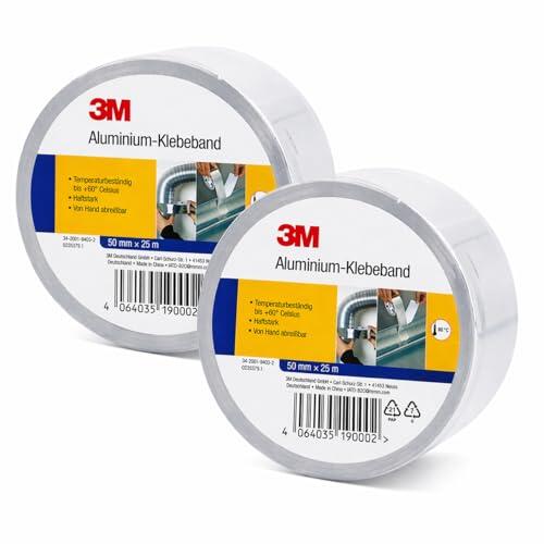 3M 2 rollos de cinta adhesiva de aluminio de 50 mm x 25 m, cinta adhesiva de aluminio, resistente a temperaturas de hasta +60 °C, autoadhesiva, rasgable a mano, para ventilación, aislamiento