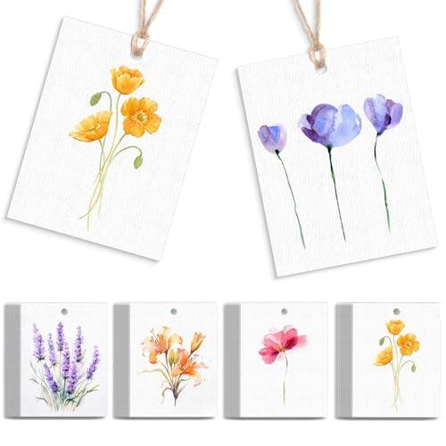 Etiquetas para Regalos, 50 PCS Etiquetas de Regalo Florales en Blanco con 10m Cuerda, Elegantes Etiquetas de Papel Floral de Acuarela, para Manualidades, Bodas, Cajas de Regalo y Navidad