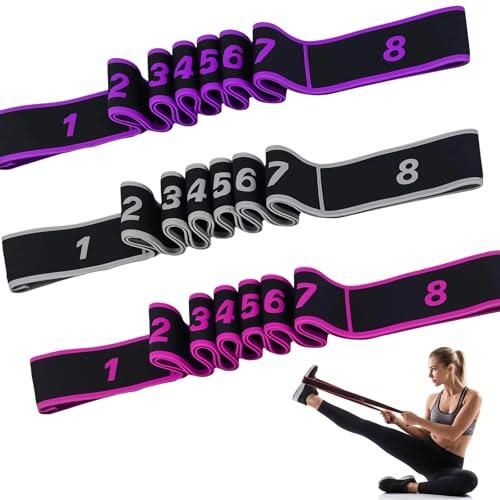 3 Piezas Banda de Estiramiento de Yoga Bandas Elasticas Fitness Ajustable Stretch Bandas con 8 Anillos Correa de Yoga Bandas de Resistencia para Pilates, Fitness, Gimnasia, Danza