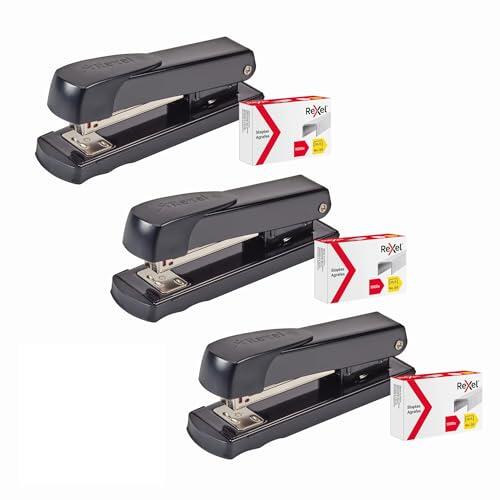 Rexel Meteor - Grapadora de media tira con 1000 grapas 26/6 (paquete de 3), capacidad para 20 hojas, grapadora de escritorio de metal con agarre ergonómico, color negro (2115734)