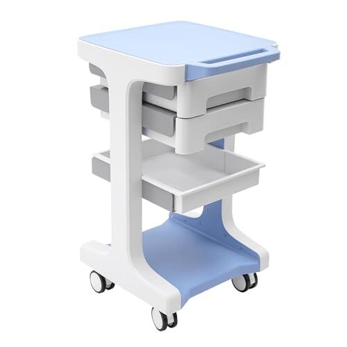 50 kg de capacidad de carga móvil ABS carro de almacenamiento de tres pisos, dos cajones silenciosos, esquinas redondeadas, bordes elevados, ruedas giratorias con freno para el hogar, salón de belleza