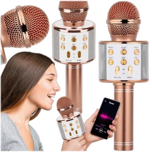 KRUMAD Micrófono de karaoke para niños de 3 W, micrófono Bluetooth para karaoke, sonido de reverberación de eco, reproducción de MP3, control de volumen, batería de 600 mAh, micrófono de karaoke para