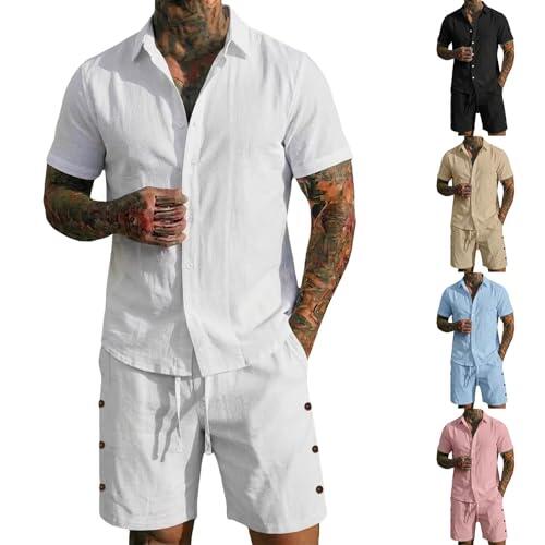 Conjunto de camisa y pantalones cortos de algodón y lino para hombre, conjunto de 2 piezas, ropa casual de verano, vacaciones, playa, boda, trajes de manga corta con botones y pantalones cortos