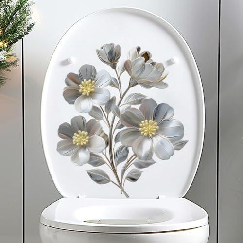 Adhesivo para inodoro con diseño de flores plateadas 3D, autoadhesivo, impermeable, PVC, para tapa de baño, decoración floral moderna, verde, 22 x 25 cm