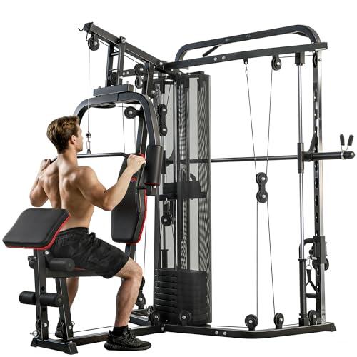 SPORTNOW Estación de fitness con pesos de 65 kg, barra de mariposa, banco preacher ajustable, entrenador de piernas, multifunción, hasta 120 kg, dispositivo de fitness para el hogar