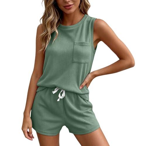 Generisch Elegante juego de dos piezas para mujer con pantalones cortos informales, parte superior ligera para una comodidad moderna a diario en temperaturas veraniegas, verde, M